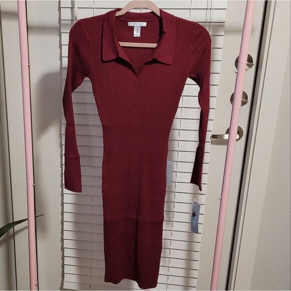 London Times Long Sleeve Collared Ribbed Sweater Dress Fig Women's Small - Picture 1 of 6
